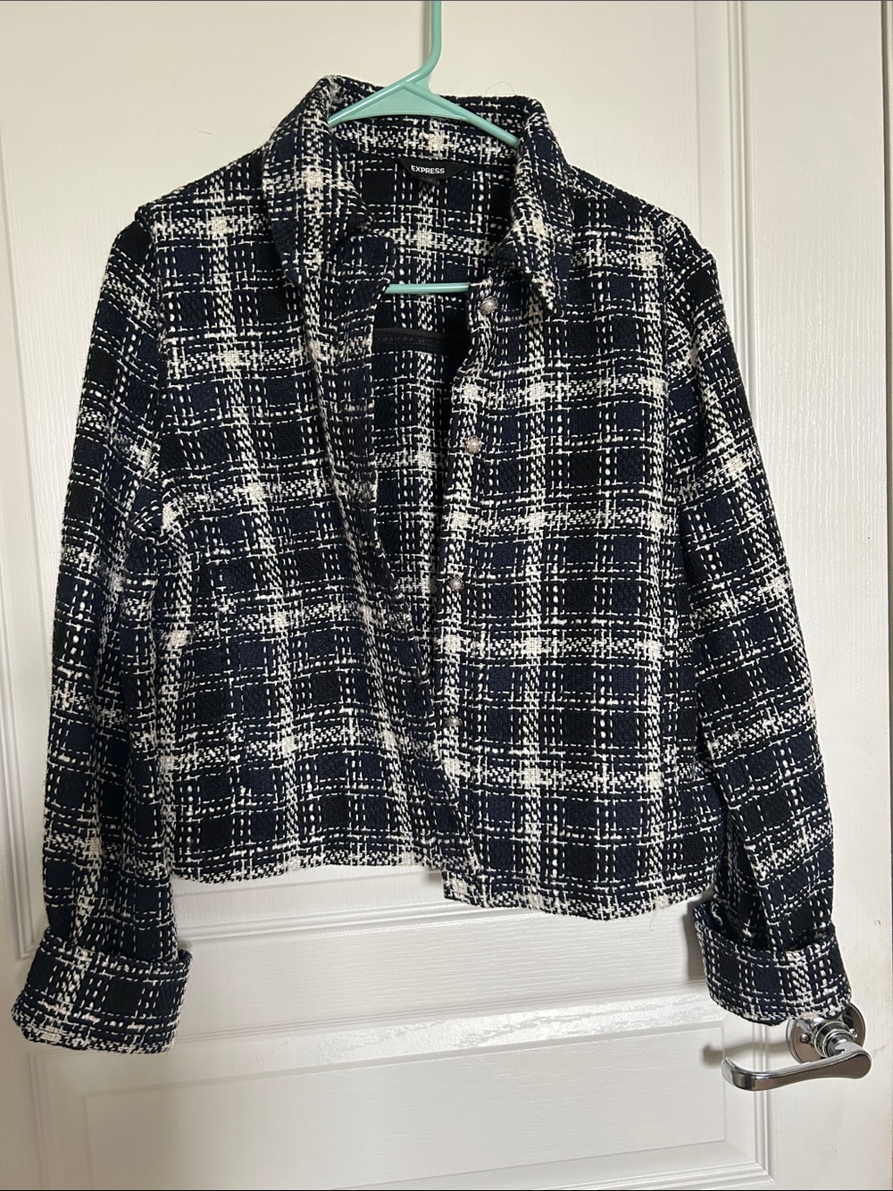 Express Navy and White Plaid Cropped Blazer